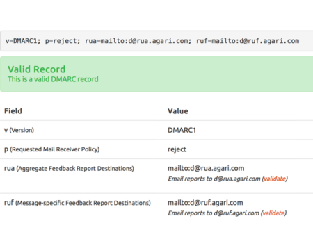 A screenshot of a DMARC record v=DMARC1\; p=reject\; rua=mailto:d@rua.agari.com\; ruf=mailto:d@ruf.agari.com