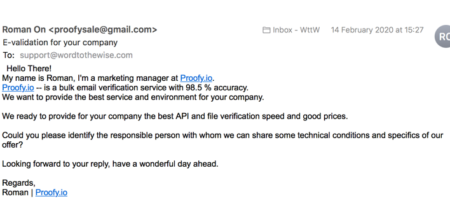 An example of bad email verification. The is an email from the marketing manager at proofy.io to a spamtrap at wordtothewise advertising how accurate their verification process is.