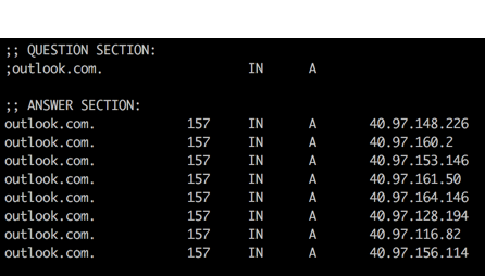 DNS output showing outlook.com pointing to 8 different IP addresses in 40.97.0.0/16