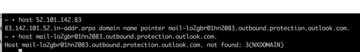 image showing one of outlook.com's outgoing IP addresses (52.101.142.83) does not have FCrDNS.