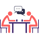 two stick figures sitting across a table talking