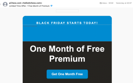 A screenshot of an email from chess.com offering a free month of premium.