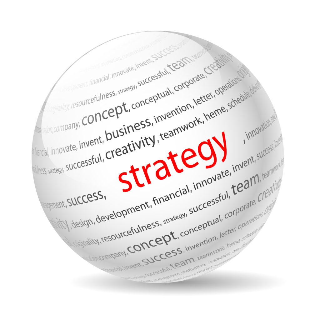 picture of a globe with the word "strategy" written n red on it