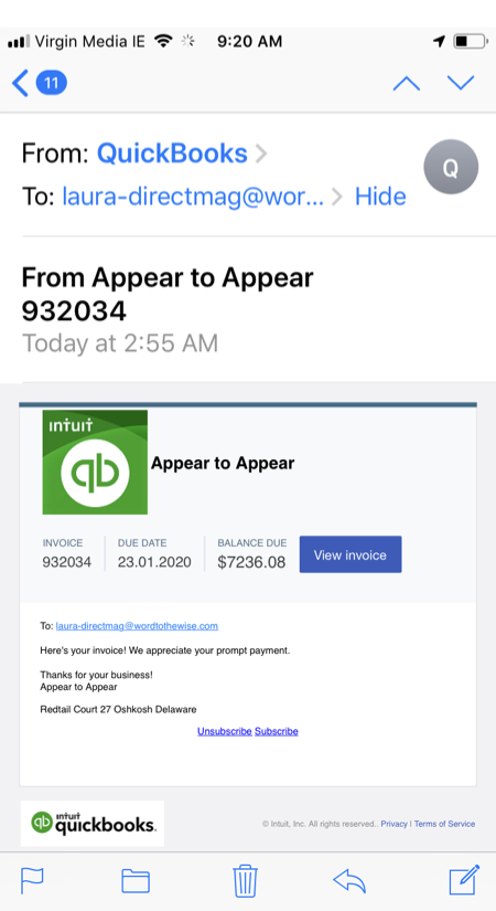 Screenshot of a phishing email claiming to be from Quickbooks taken from the iPhone email application.