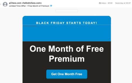 A screenshot of an email from chess.com offering a free month of premium. 